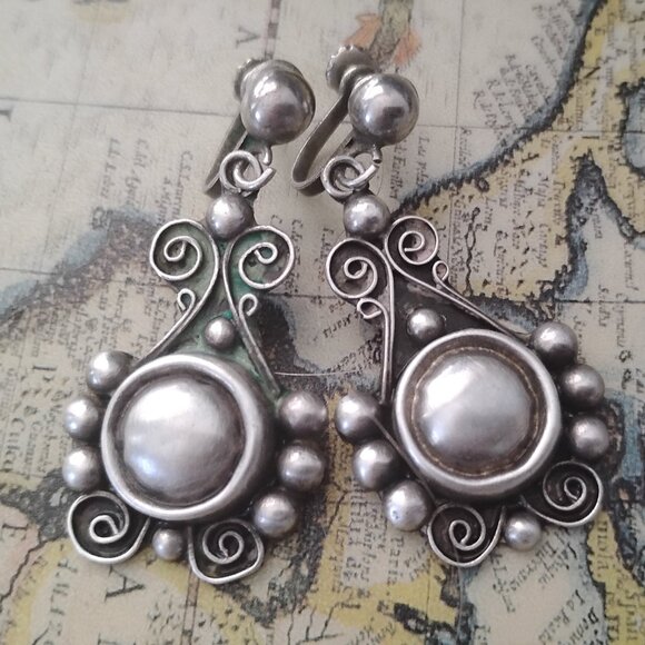 ❤️Vintage IGUALA MEXICO Sterling Dangle Screw Back Earrings Signed - Picture 2 of 5